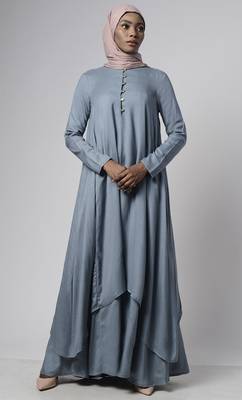 Grey asymmetrical double layered modest wear muslimah abaya dress 1
