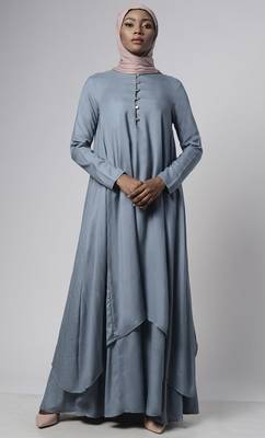 Grey asymmetrical double layered modest wear muslimah abaya dress 2
