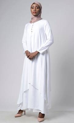 White asymmetrical double layered modest wear muslimah abaya dress 2