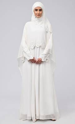White modest beautiful embroidered prayer dress for women 1