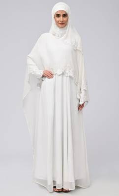 White modest beautiful embroidered prayer dress for women 3
