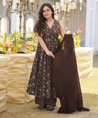 Brown beautiful muslin fabric digital printed girlie ceremonial dress 1