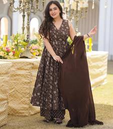 Brown beautiful muslin fabric digital printed girlie ceremonial dress