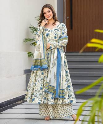 Off white beautiful muslin fabric digital printed girlie ceremonial dress 1