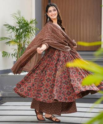 Brown beautiful muslin fabric digital printed girlie ceremonial dress 1