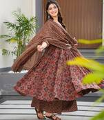 Brown beautiful muslin fabric digital printed girlie ceremonial dress