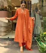 Orange beautiful designer embroidery work viscose chinon fabric suit