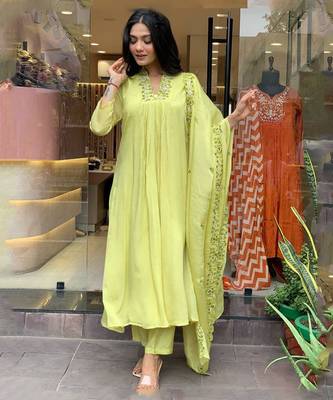 Green beautiful embroidery work viscosee chinon fabric suit 1
