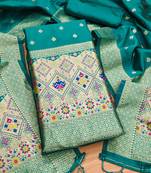 Teal floral woven banarasi silk dress material