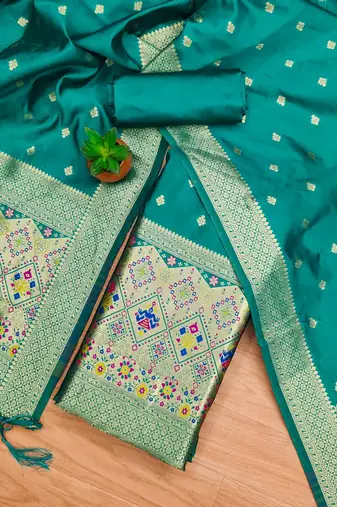 Teal floral woven banarasi silk dress material