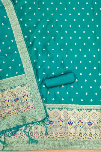 Teal floral woven banarasi silk dress material