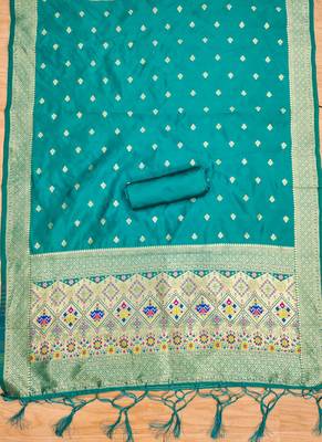 Teal floral woven banarasi silk dress material 4