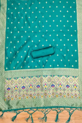 Teal floral woven banarasi silk dress material