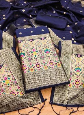 Blue floral woven banarasi silk dress material 1