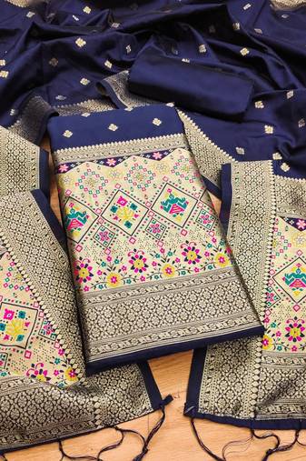 Blue floral woven banarasi silk dress material