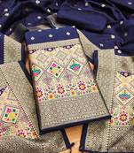 Blue floral woven banarasi silk dress material