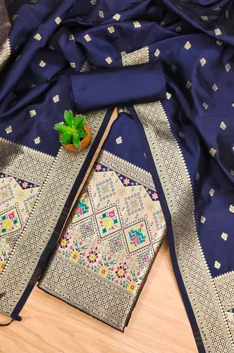Blue floral woven banarasi silk dress material