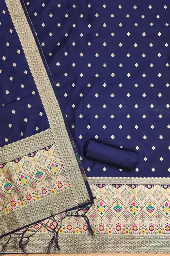 Blue floral woven banarasi silk dress material