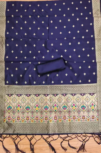 Blue floral woven banarasi silk dress material