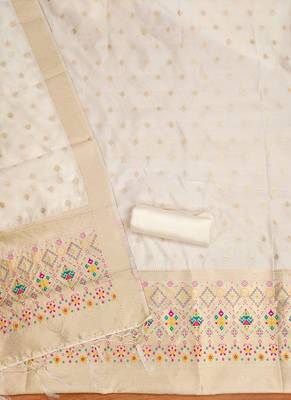 Off white floral woven banarasi silk dress material 3