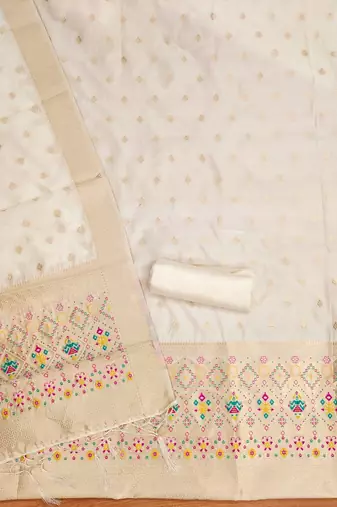 Off white floral woven banarasi silk dress material