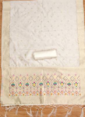 Off white floral woven banarasi silk dress material 4