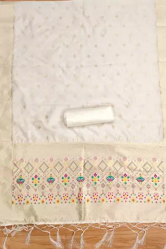 Off white floral woven banarasi silk dress material