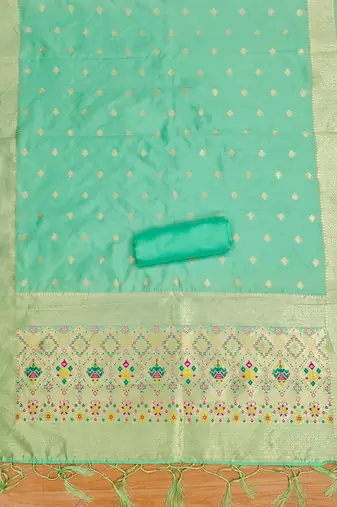 Sea green floral woven banarasi silk dress material