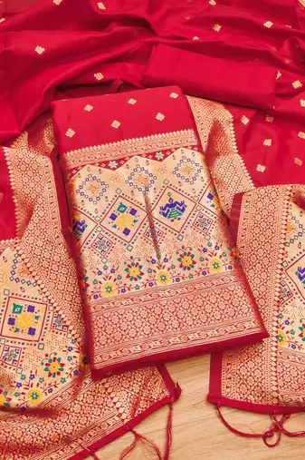 Red floral woven banarasi silk dress material