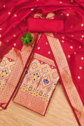 Red floral woven banarasi silk dress material
