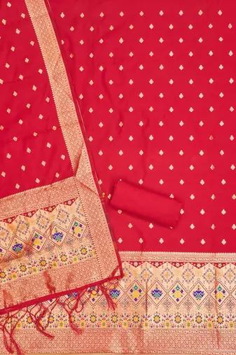Red floral woven banarasi silk dress material
