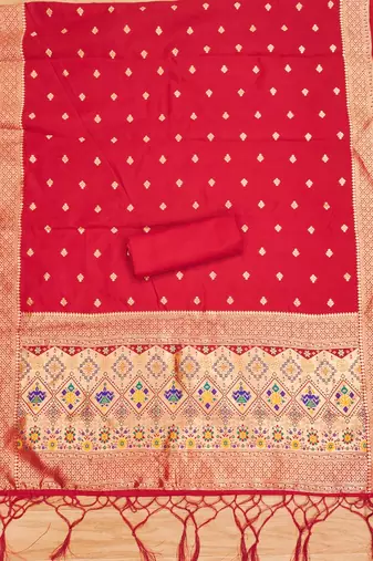 Red floral woven banarasi silk dress material
