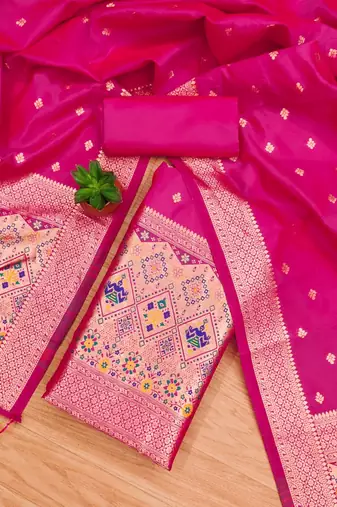 Rani pink floral woven banarasi silk dress material