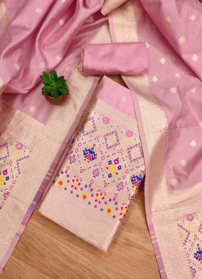 Baby pink floral woven banarasi silk dress material 2