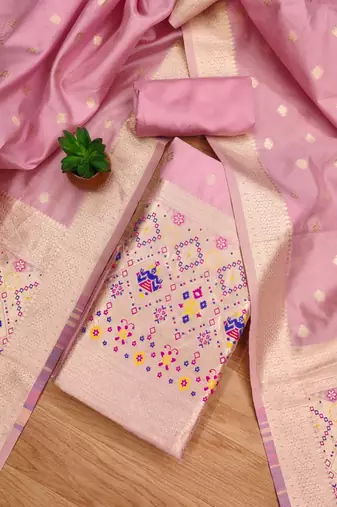 Baby pink floral woven banarasi silk dress material