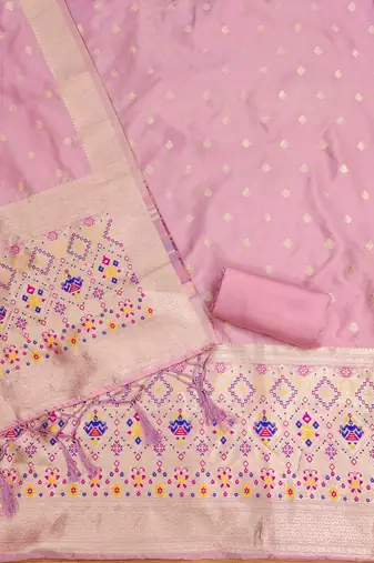 Baby pink floral woven banarasi silk dress material