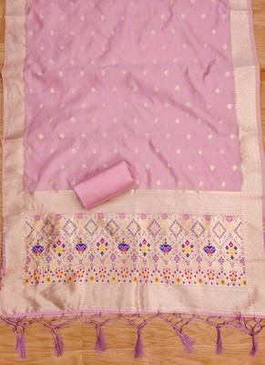 Baby pink floral woven banarasi silk dress material 4