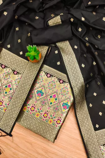 Blackfloral woven banarasi silk dress material