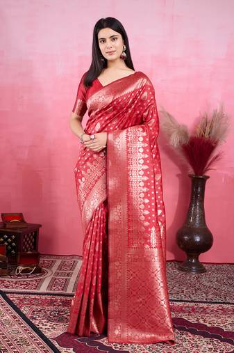Red art banarasi silk fashion saree