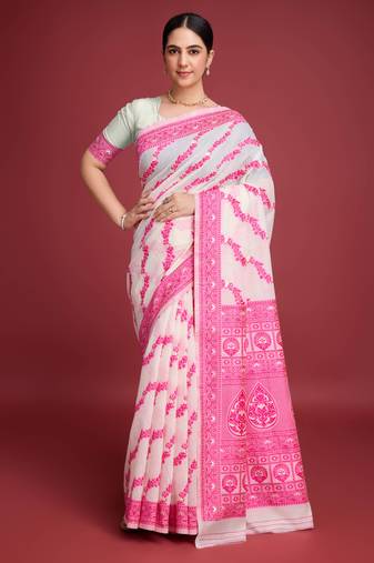 Pink dhakai jamdani cotton saree