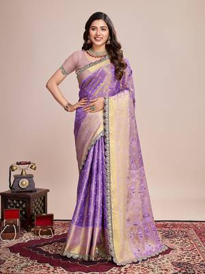 Lavender soft litchi art banarasi silk saree 1