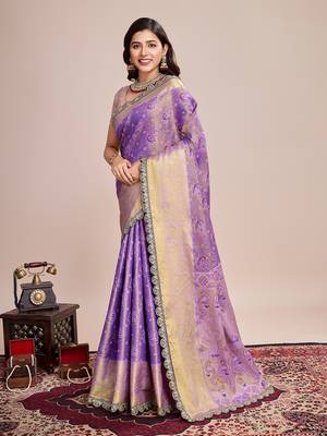 Lavender soft litchi art banarasi silk saree 2