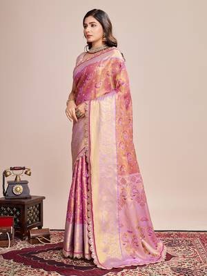 Pink soft litchi art banarasi silk saree 2