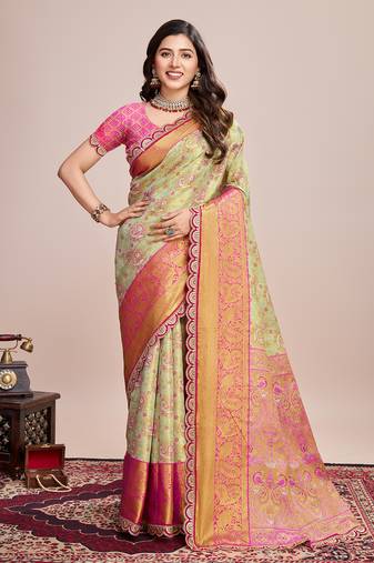 Pista soft litchi art banarasi silk saree