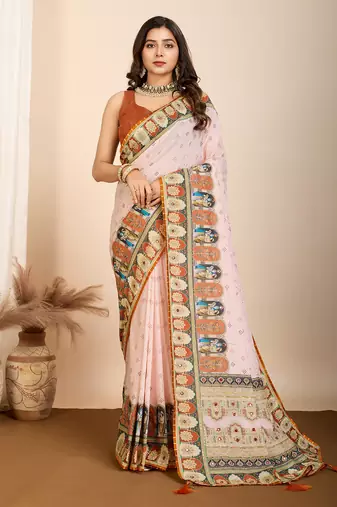 Orange maslin cotton digital printed & embroidered work saree