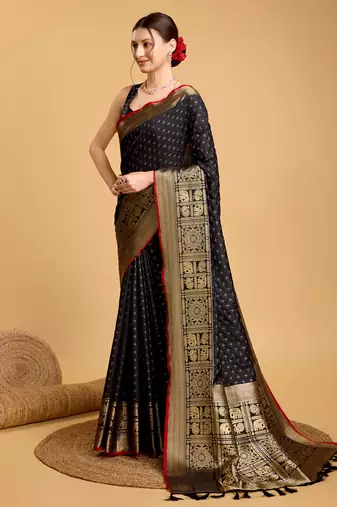 Black soft litchi art banarasi silk saree
