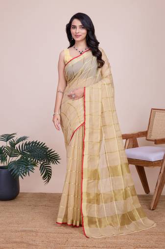 Cream cotton silk jacquard fancy saree