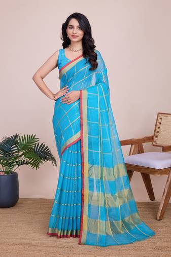 Firozi cotton silk jacquard fancy saree