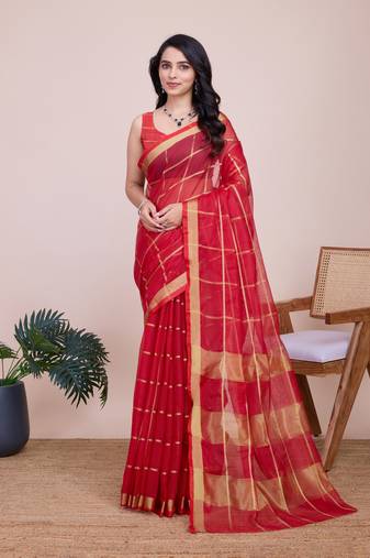 Red cotton silk jacquard fancy saree