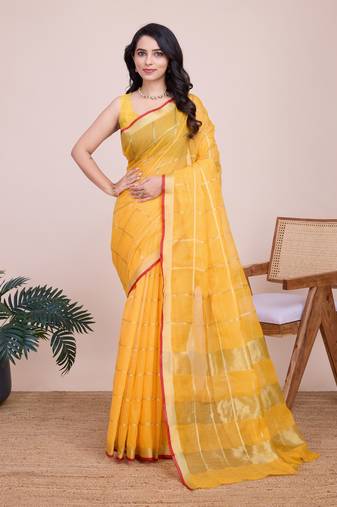 Yellow cotton silk jacquard fancy saree